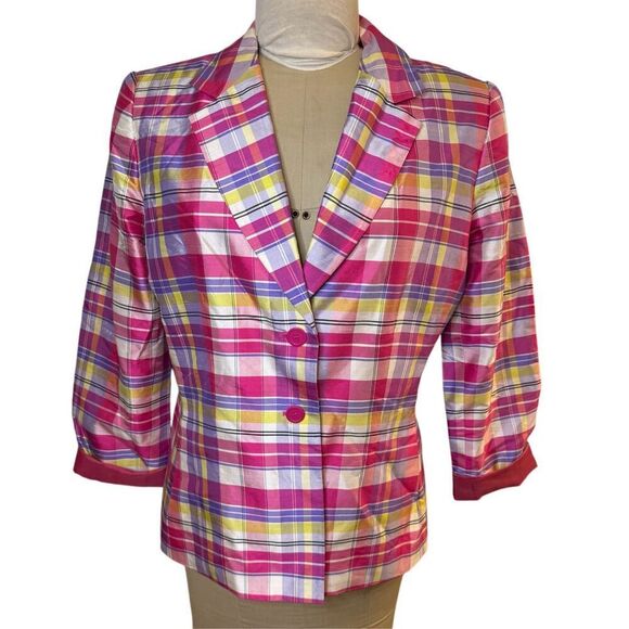 Kasper Silk 2-Button Blazer Sz. 12 Pockets Bright Plaid Lined - Picture 3 of 9
